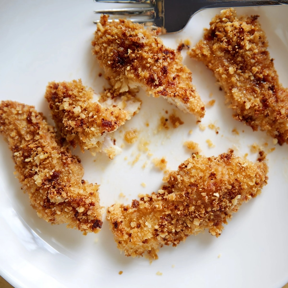 Crispy baked chicken tenders on a parchment-lined tray, golden brown and ready to serve.