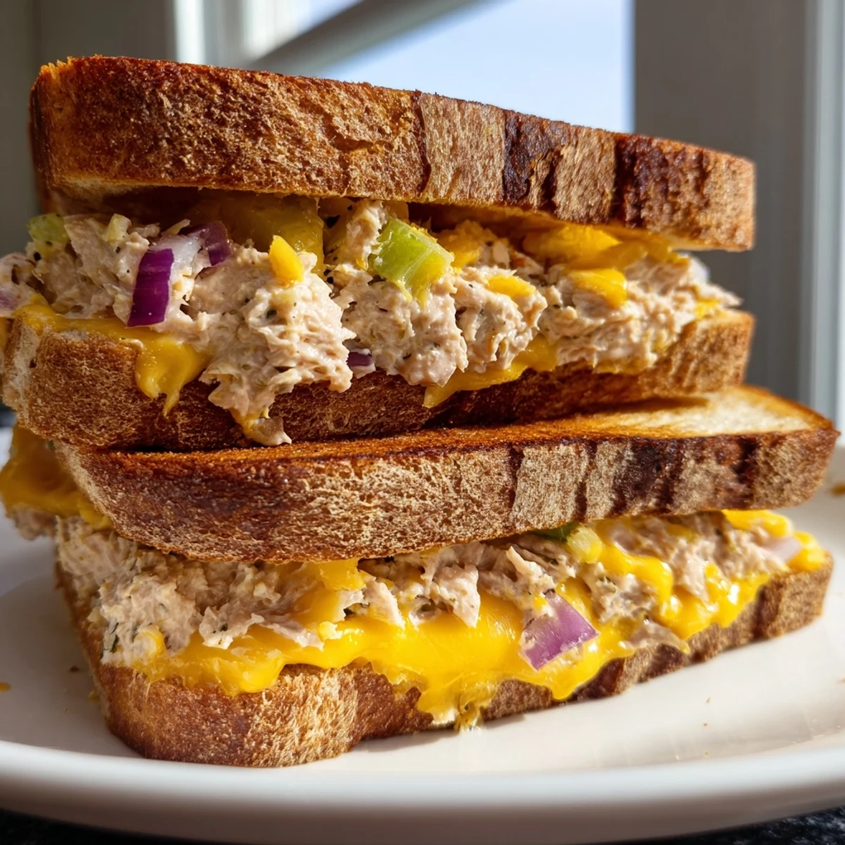 Crispy-edged, comforting Classic Tuna Melt Sandwich; imagine the flavorful tuna and cheese inside!