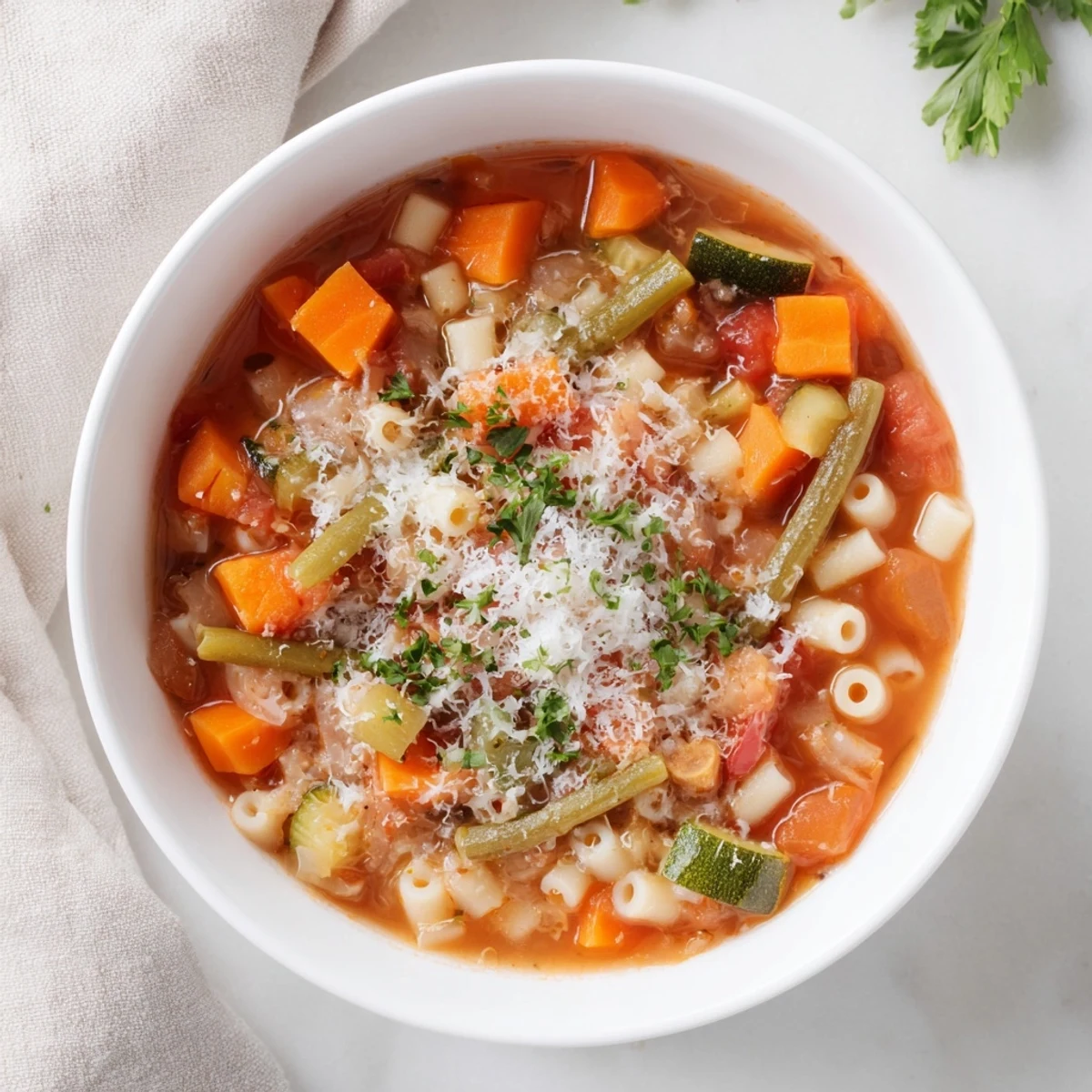 Steaming bowl of Simple One-Pot Minestrone Soup, ready to serve with Parmesan and fresh parsley.