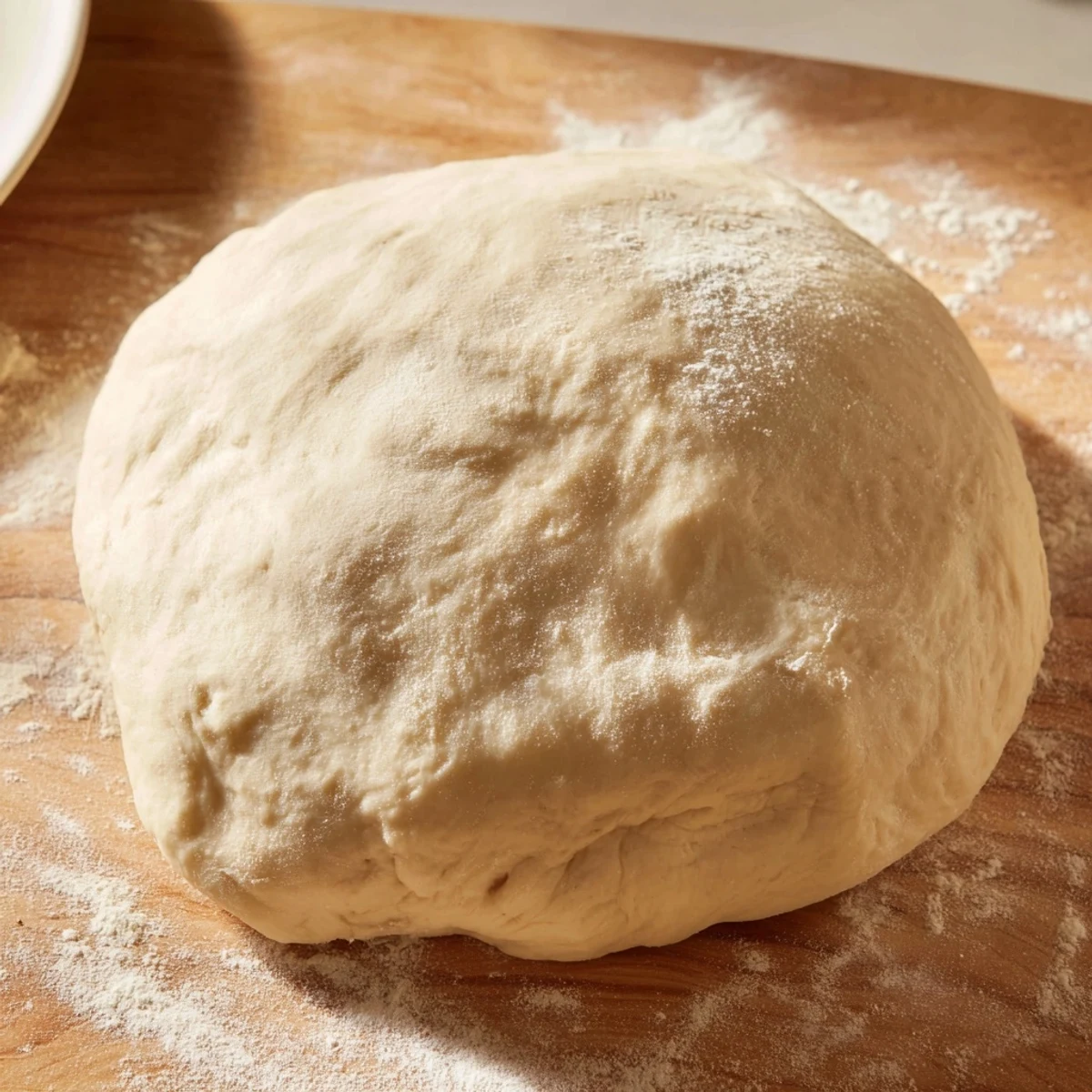 Perfectly risen homemade pizza dough, offering a crisp, flavorful foundation for tasty pizza creations.