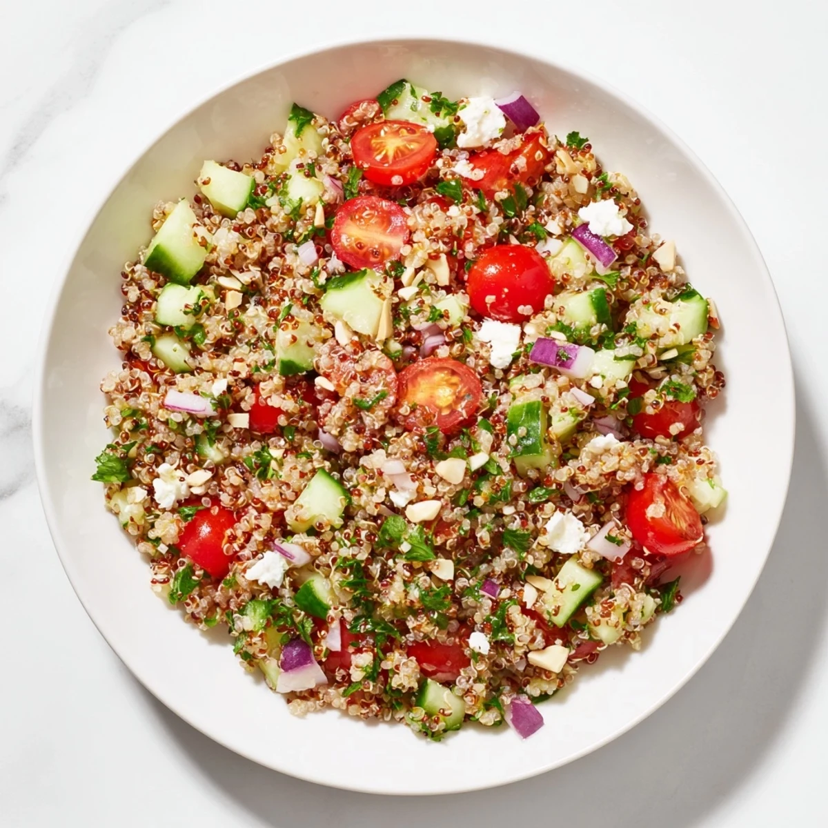 A beautiful bowl of make-ahead quinoa salad with lemon dressing, perfect for a light meal.