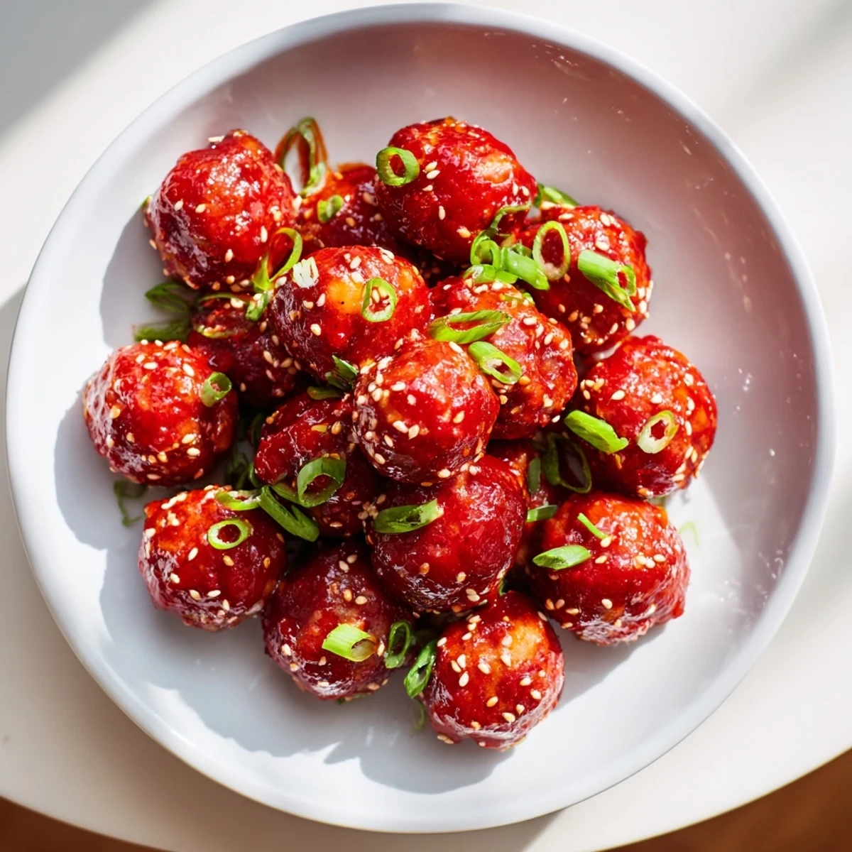 Plump, glossy Spicy Sriracha Honey Meatballs ready to be served, a satisfying appetizer.