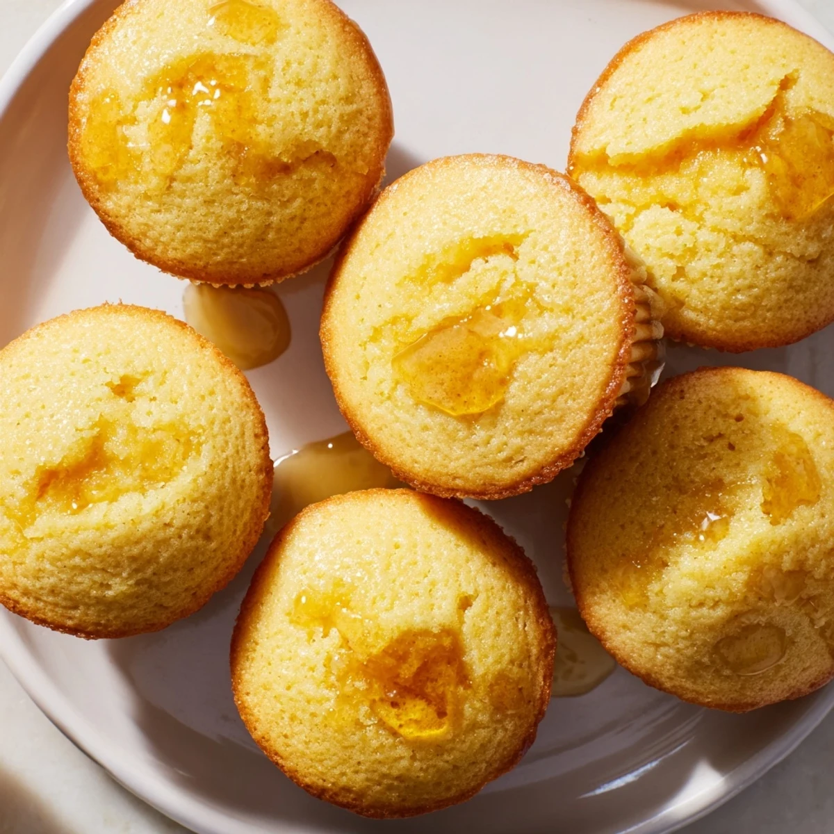 Fluffy golden Honey Butter Cornbread Muffins, warm from the oven, perfect with a dollop of honey.