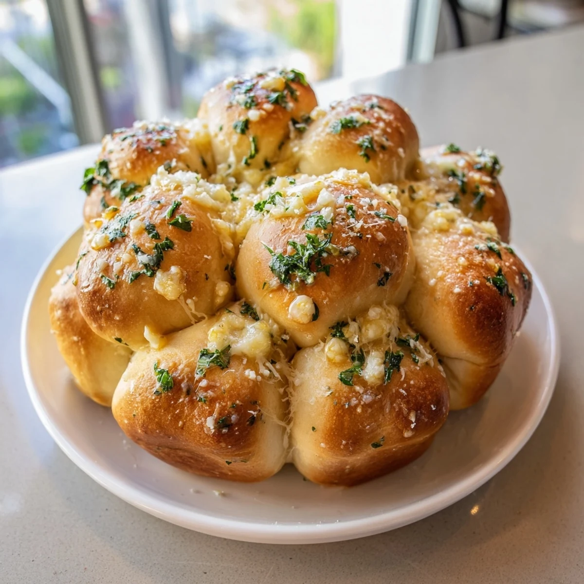 Warm, golden-brown homemade garlic knots glistening with melted garlic butter, perfect for dipping.