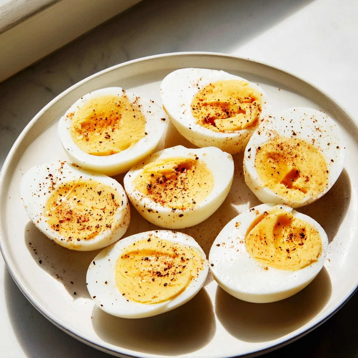 Perfect hard-boiled eggs with bright yellow yolks, ready to enjoy as a protein-packed snack.