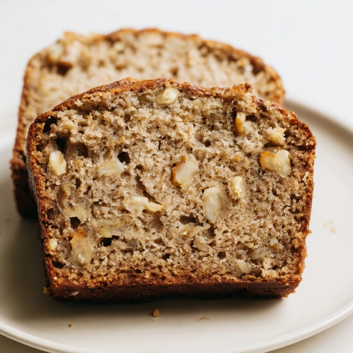 A warm slice of Simple Banana Bread, golden-brown and ready to be enjoyed with morning coffee.
