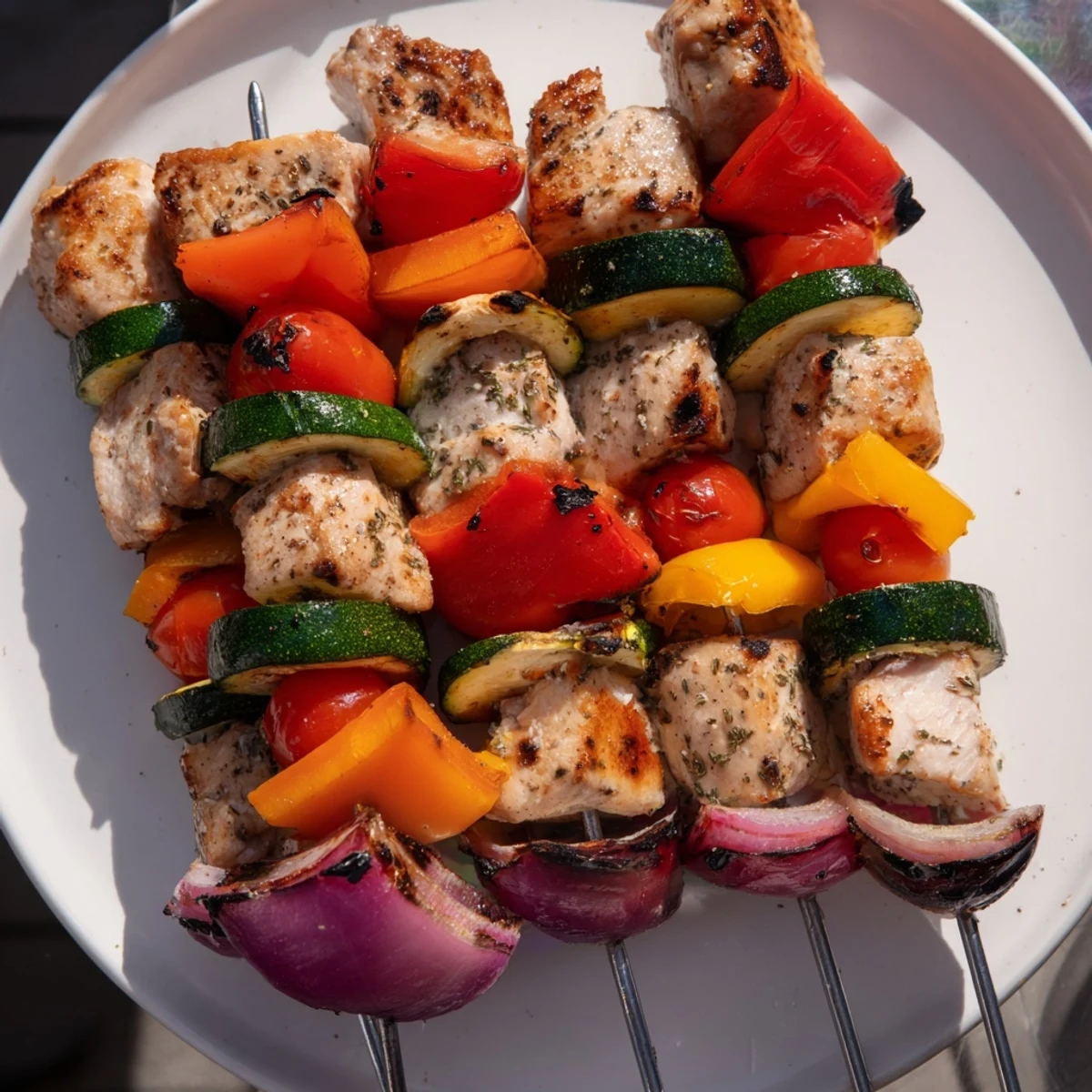 Grilled chicken and veggie skewers, glistening, with char marks, offering a vibrant, flavorful meal.