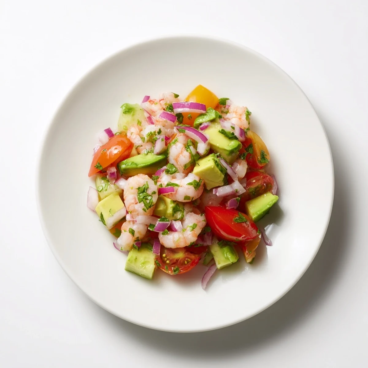 Freshly assembled light & fresh shrimp ceviche, bursting with flavorful ingredients for a light, healthy meal.