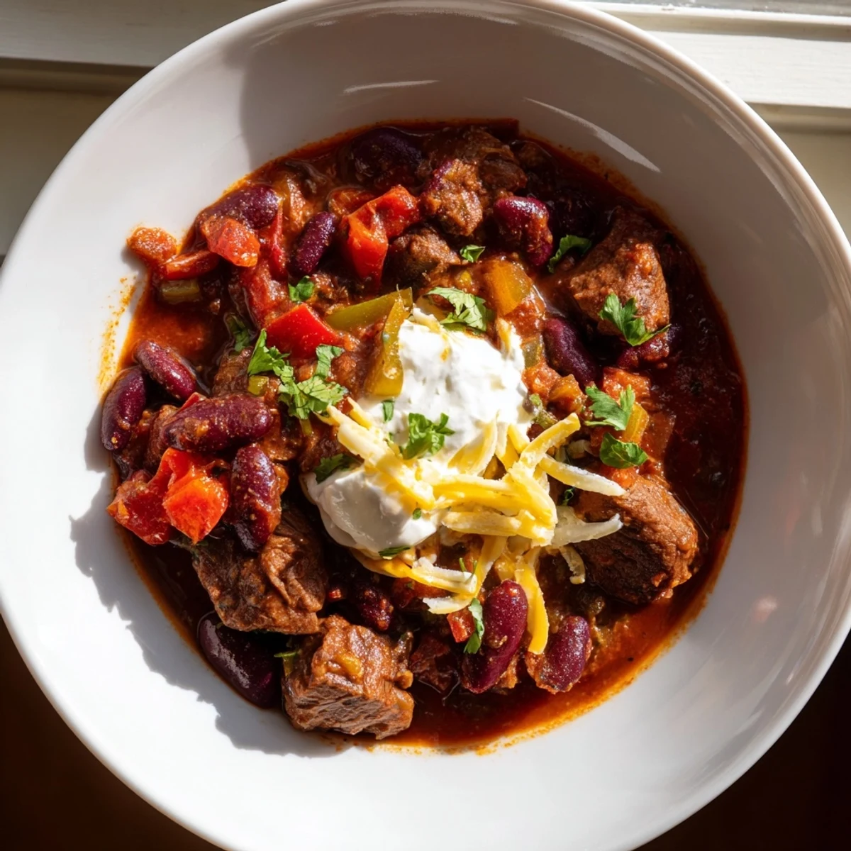 Steaming bowl of Winter Warming Chili con Carne, topped with fresh cilantro and a dollop of sour cream.