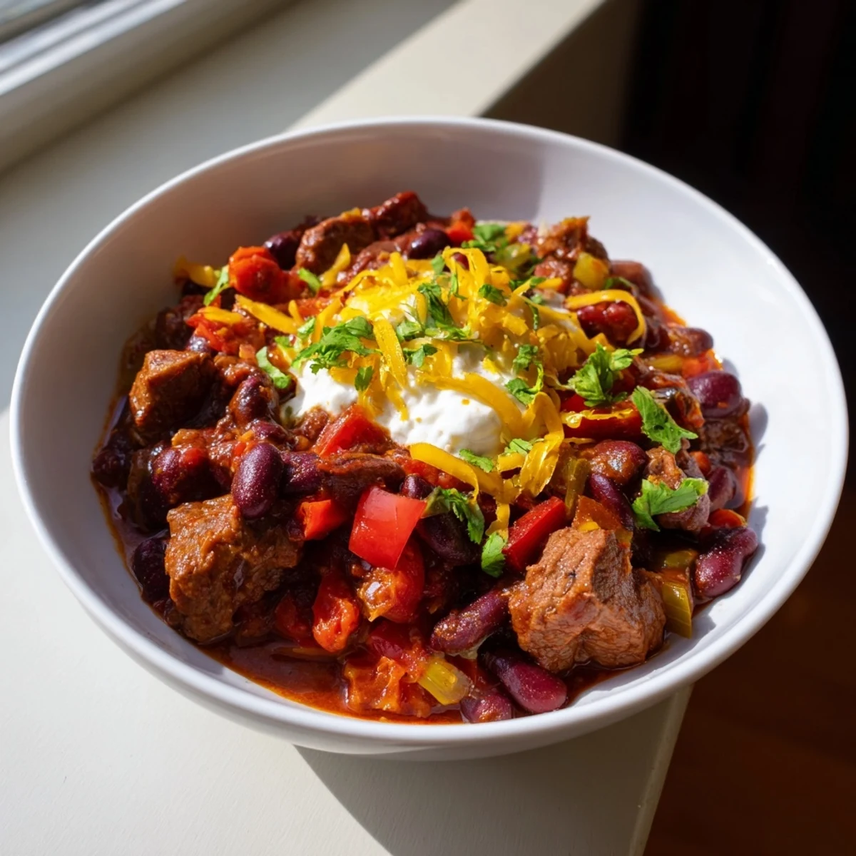 Winter Warming Chili con Carne, a thick stew with tender beef and a rich, spiced aroma.