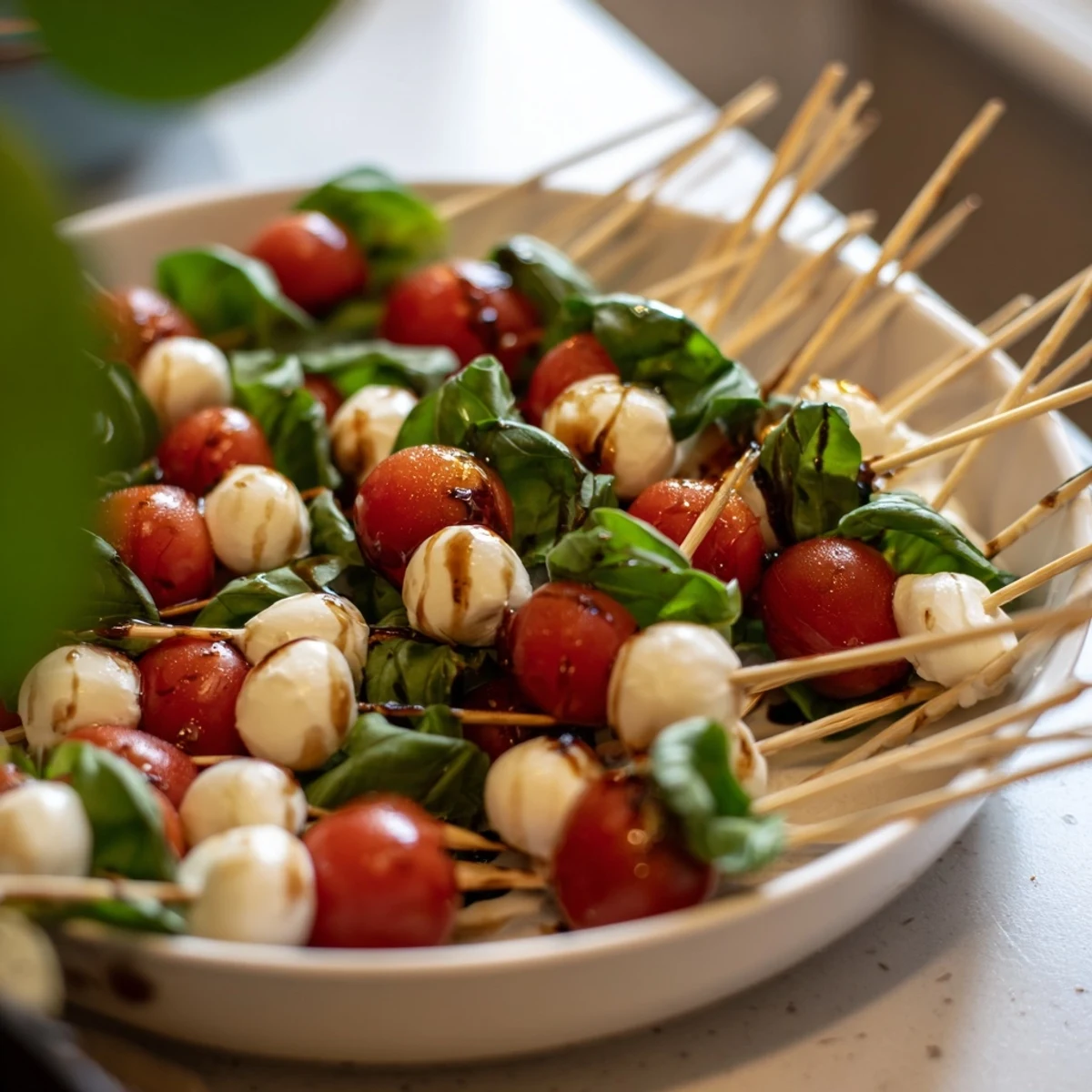 Fresh Caprese Salad Skewers glistening with balsamic glaze, a colorful and easy appetizer.