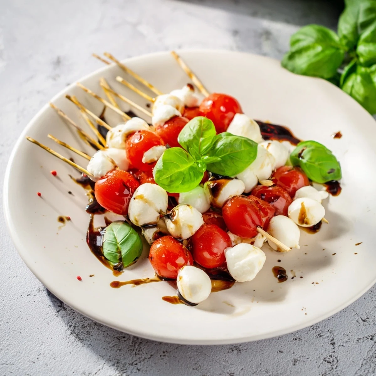 A close-up of Fresh Caprese Salad Skewers, showing the bright red tomatoes and creamy cheese.