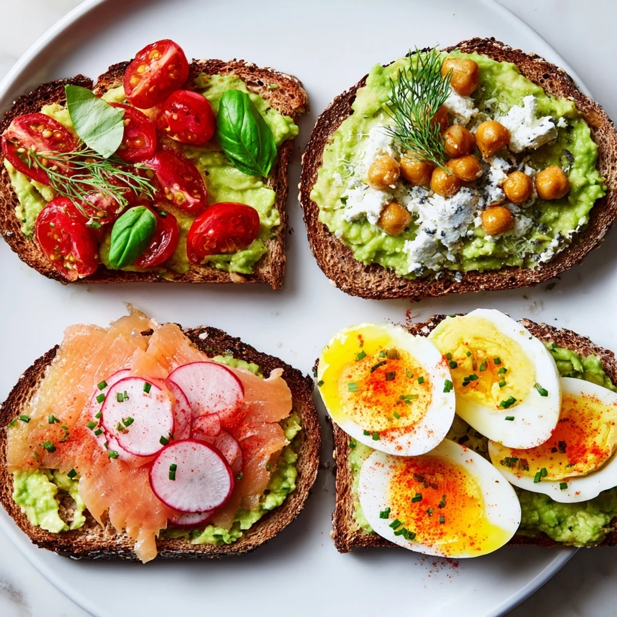 A close-up of beautifully arranged avocado toast, showcasing the four unique flavor combinations.