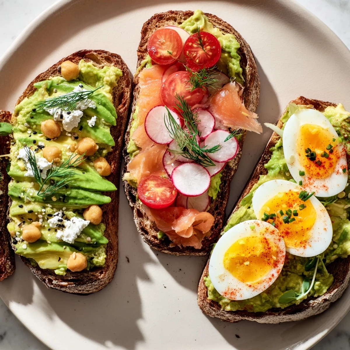 Enjoy a platter of colorful avocado toast, ideal for a quick brunch or a light lunch.