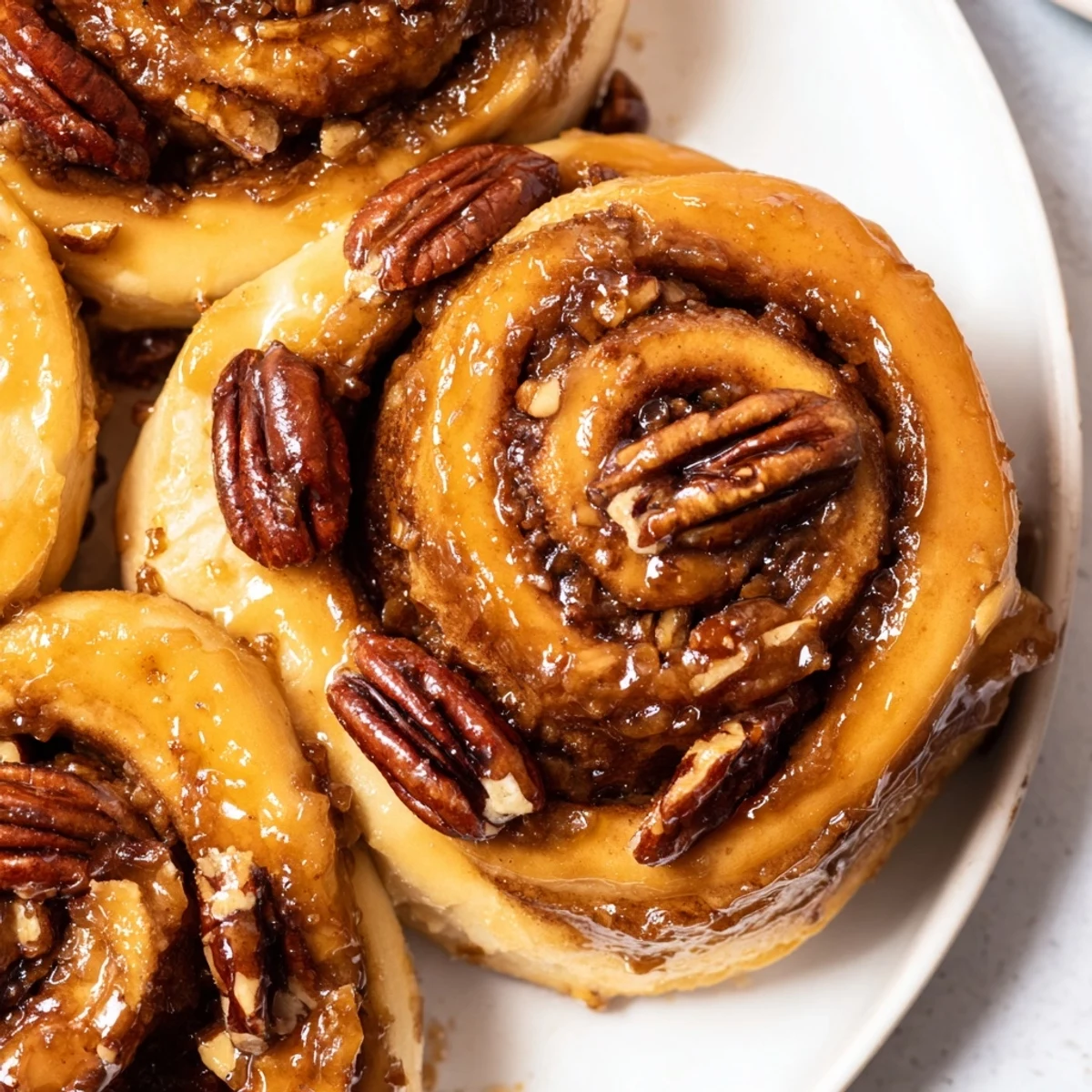 Indulgent view of homemade Pecan and Honey Sticky Buns, perfect for a cozy weekend brunch or dessert.