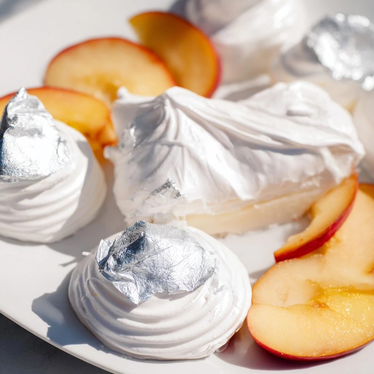 Elegant Pearly Gates cheese board features creamy brie, sweet peaches, and crisp meringue for a light appetizer.