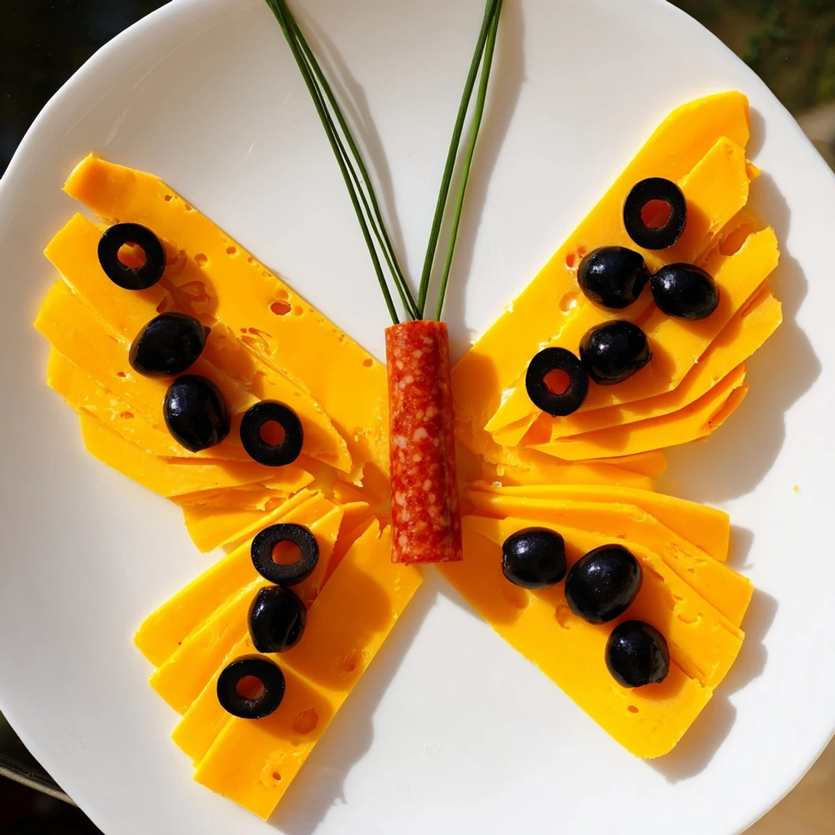 Colorful display of The Butterfly Migration appetizer, cheddar wings dotted with black olives.