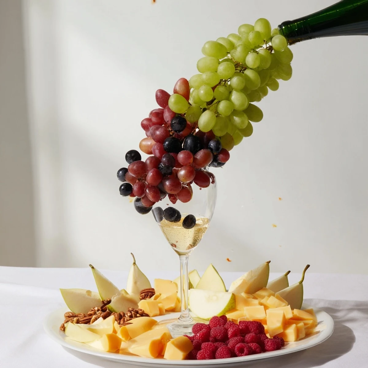 The Champagne Waterfall Board showcases assorted cheeses, fruits, and crackers spilling gracefully.