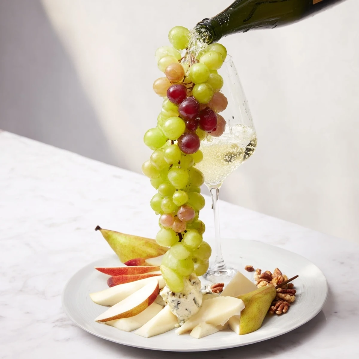 A vibrant Champagne Waterfall Board offers fruits, nuts, and cheeses cascading for a festive appetizer.