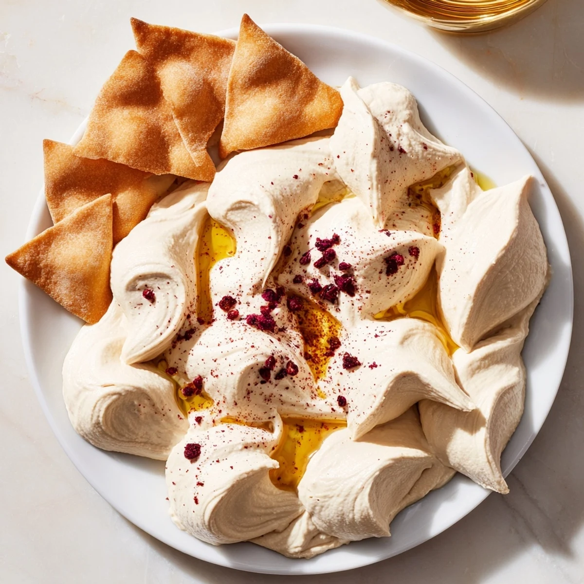 Smooth, creamy Sahara Dune appetizer, hummus sculpted like dunes, served with crispy, spiced pita chips.
