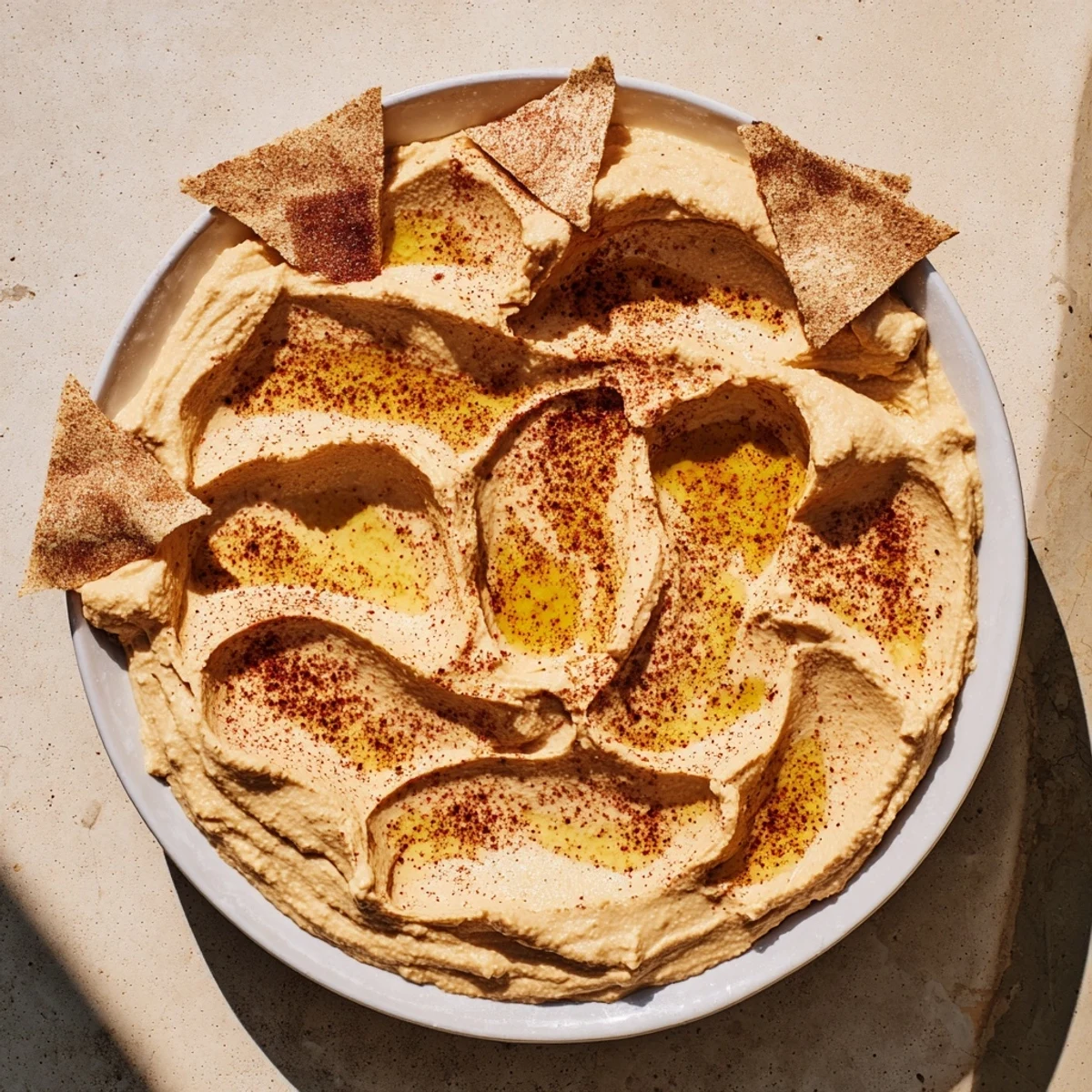 Delectable Sahara Dune appetizer: creamy hummus mounds dusted with paprika, beside golden pita chips for dipping.