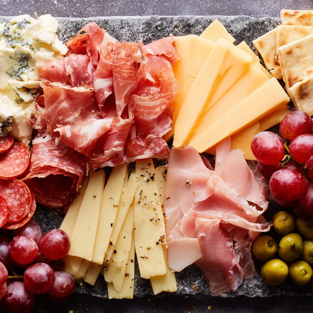 Delectable Industrial Slate arrangement: Sliced meats and cheeses artfully laid on a cool stone slab.