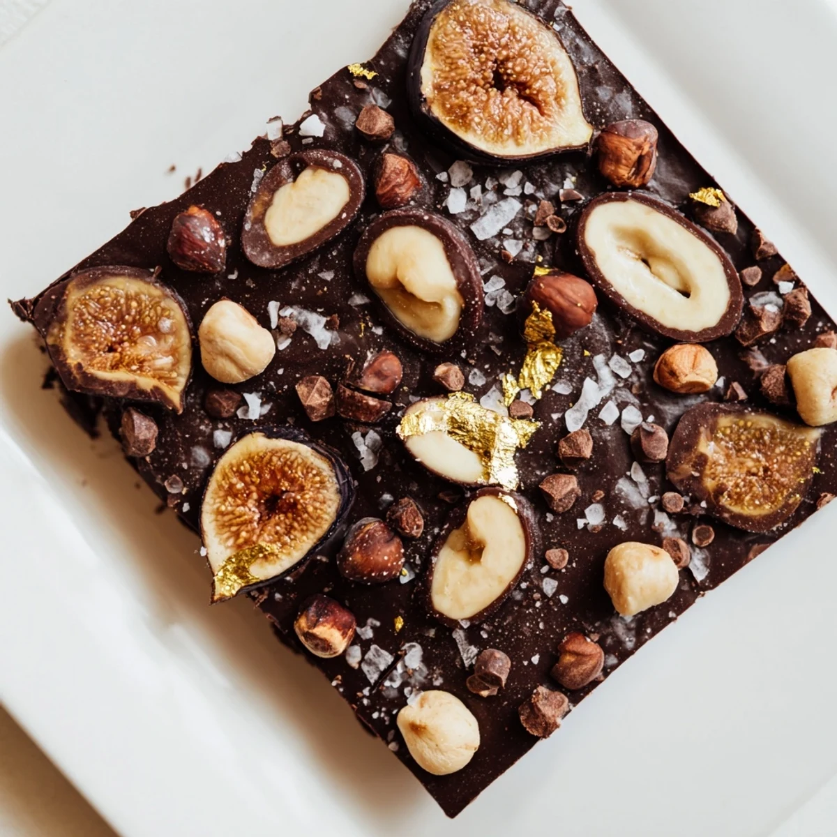 Midnight Mosaic dessert, topped with dark figs, olives, and hazelnuts, ready to be sliced.