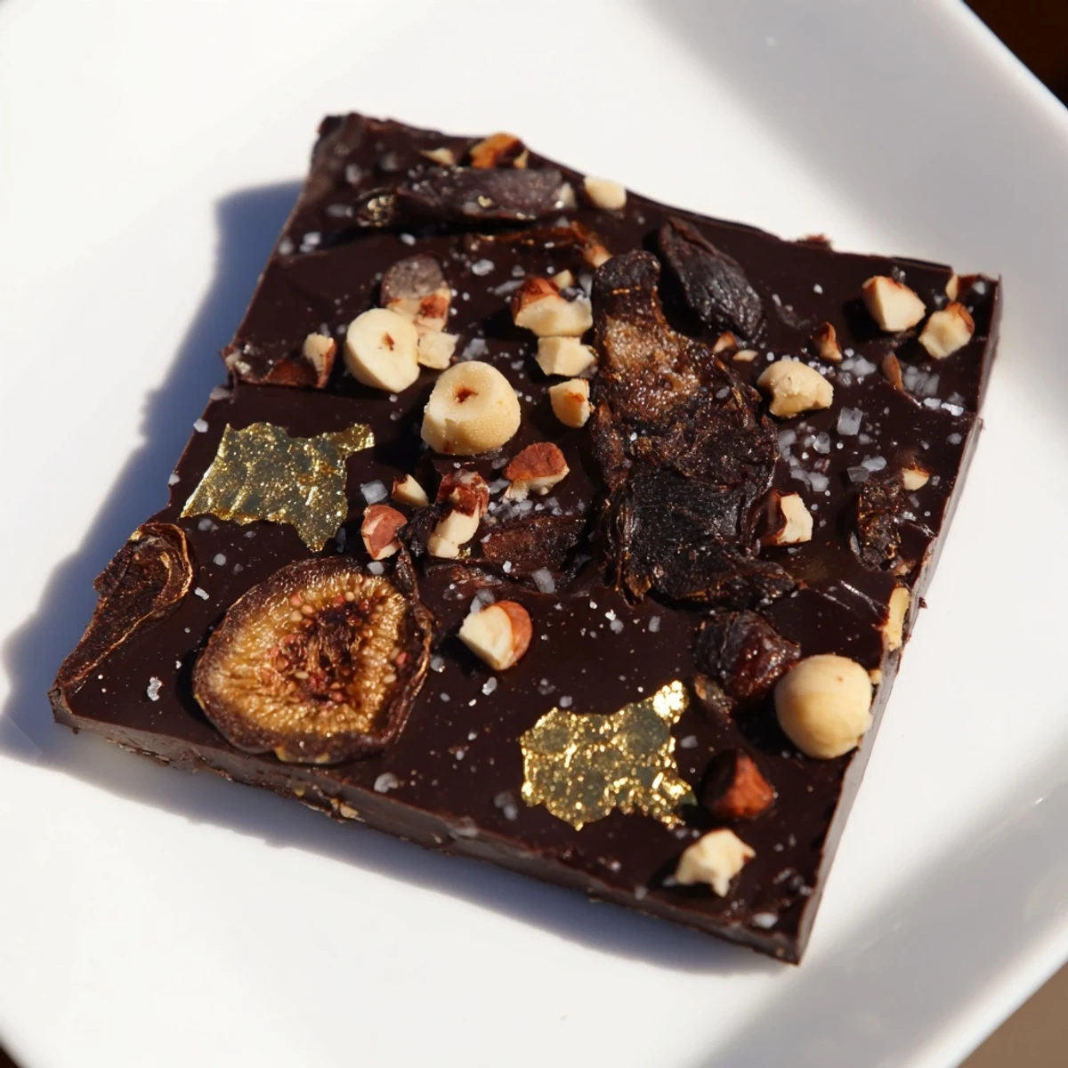 Close-up of the Midnight Mosaic dessert showing the dark chocolate and contrasting flavorful toppings.