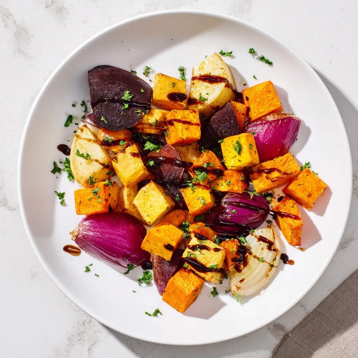 Golden-brown Roasted Root Vegetable Medley, glistening with balsamic glaze, ready for serving at a family meal.