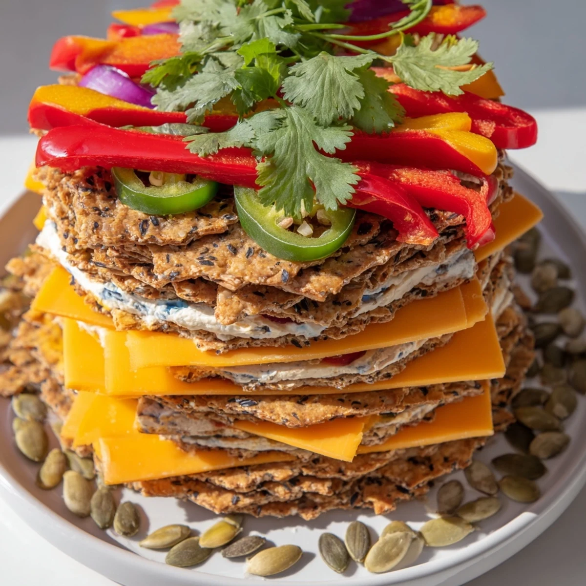 A delicious Southwest Mesa appetizer with layered cheeses and crackers, colorful and flavorful.