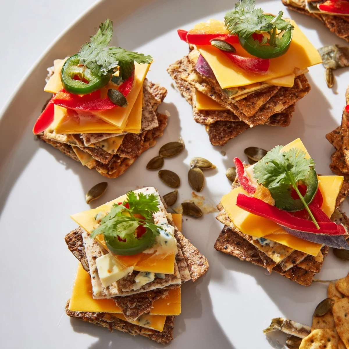 Vibrant Southwest Mesa, a vegetarian appetizer featuring stacked cheeses and crackers with garnishes.