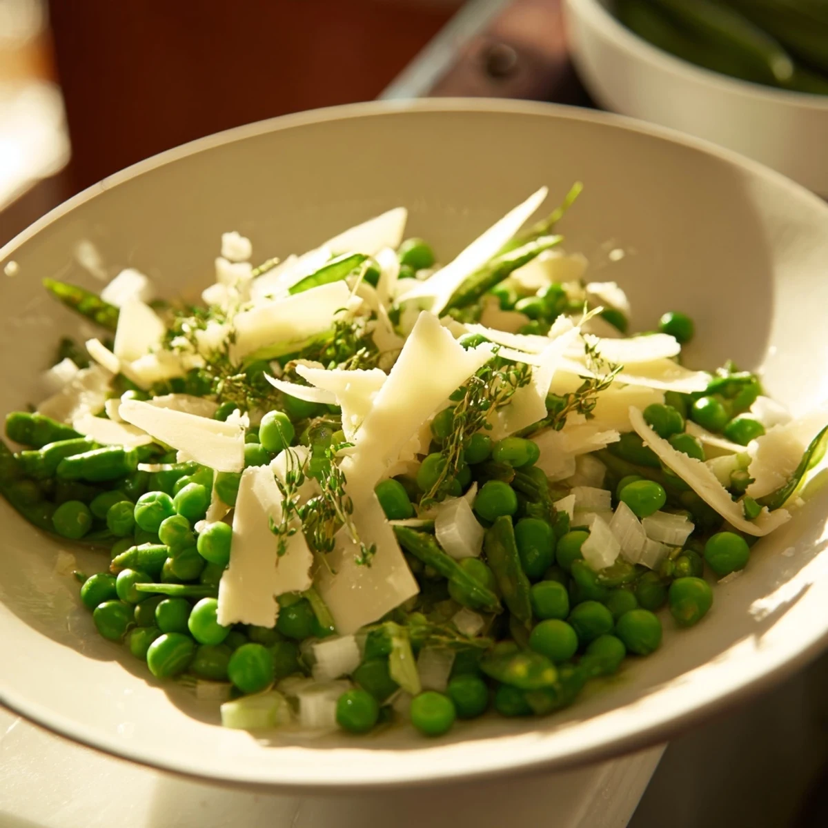 Blanched snap peas and green beans in The English Ivy Salad, ready to be tossed with savory dressing.