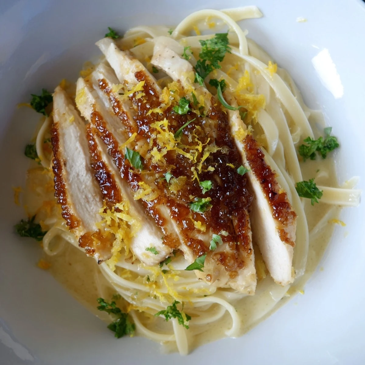 Golden, caramelized lemon brûlée chicken atop a bed of creamy pasta, a recipe for dinner.