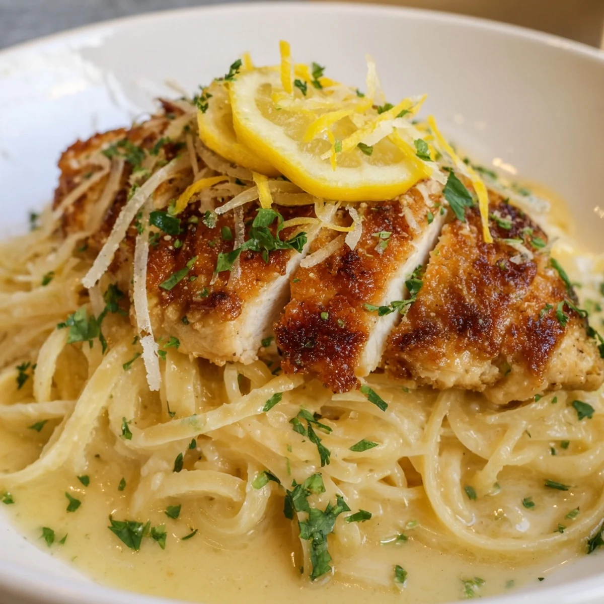 Savory pasta with lemon brûlée chicken, a delicious and impressive dinner dish to enjoy.