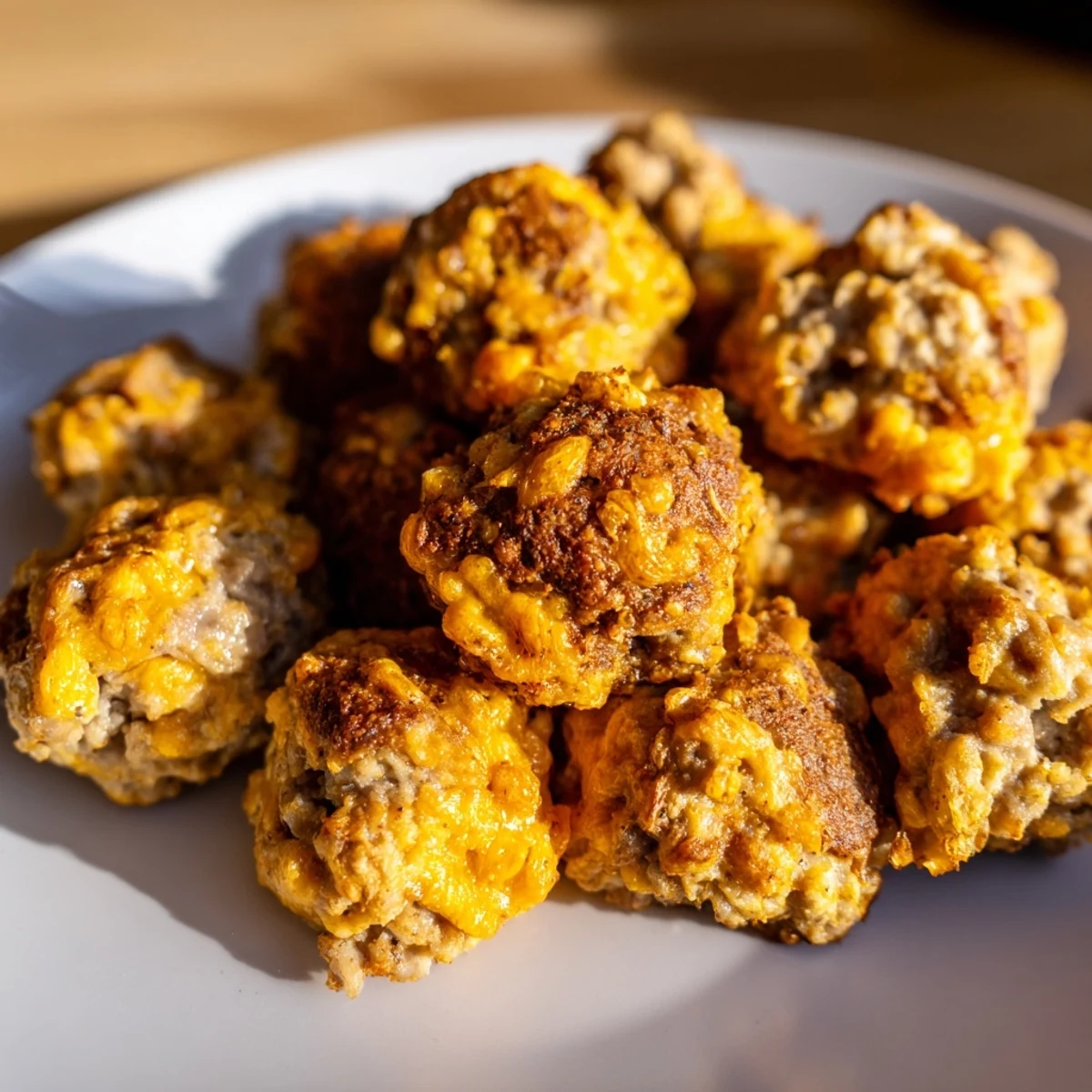 Golden brown Chicken and Sausage Bisquick balls, a savory party appetizer, ready to enjoy.