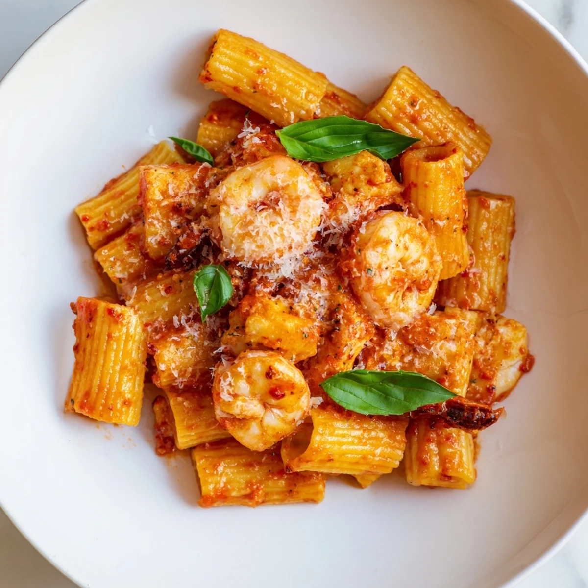 One-Pot Diavola Pasta with Shrimp, bubbling in a skillet, looks delicious with shrimp.