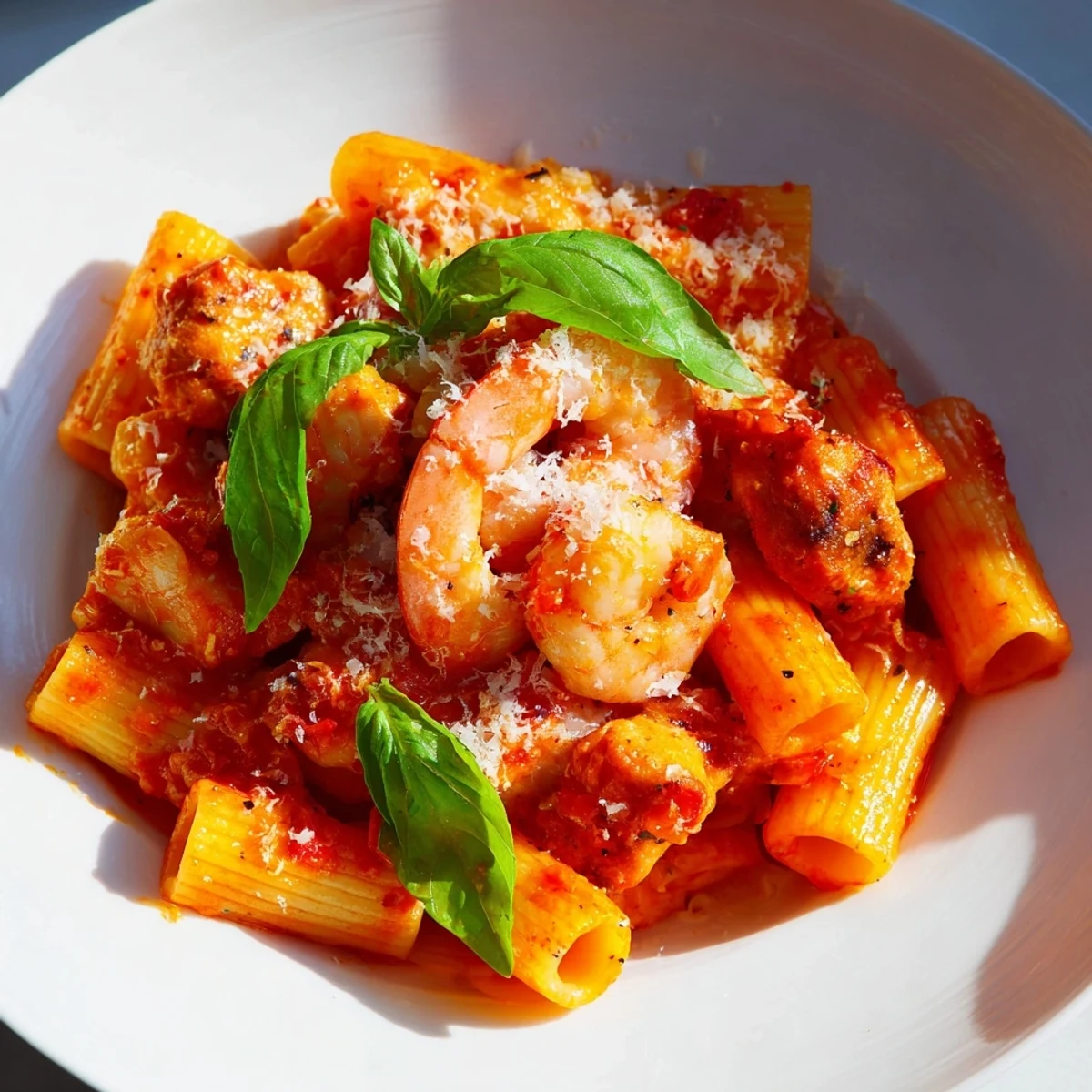 This photo depicts steaming One-Pot Diavola Pasta with Shrimp, ready for serving with fresh basil.