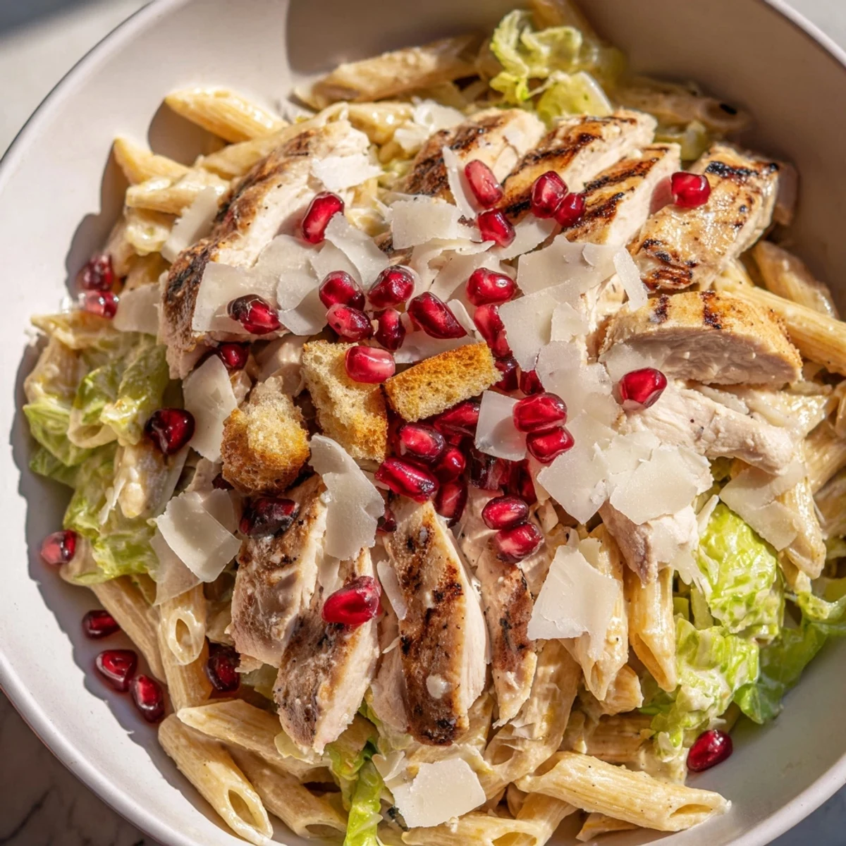 Vibrantly colored Chicken Caesar Pasta with pomegranate, showcasing grilled chicken slices and refreshing romaine.
