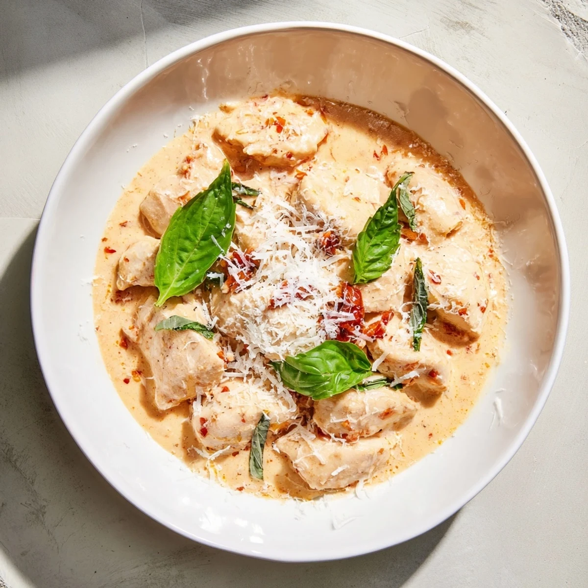 Golden-brown Marry Me Chicken, covered in creamy sauce, with a dusting of Parmesan looking like fresh snow.