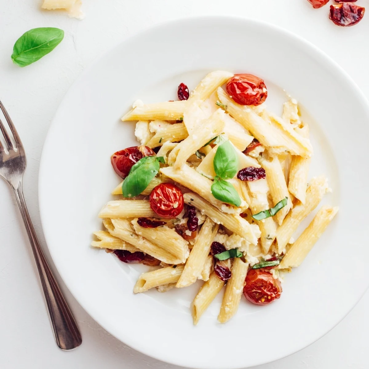Golden-baked feta pasta with tart cranberries, ready to serve with fresh basil garnish.