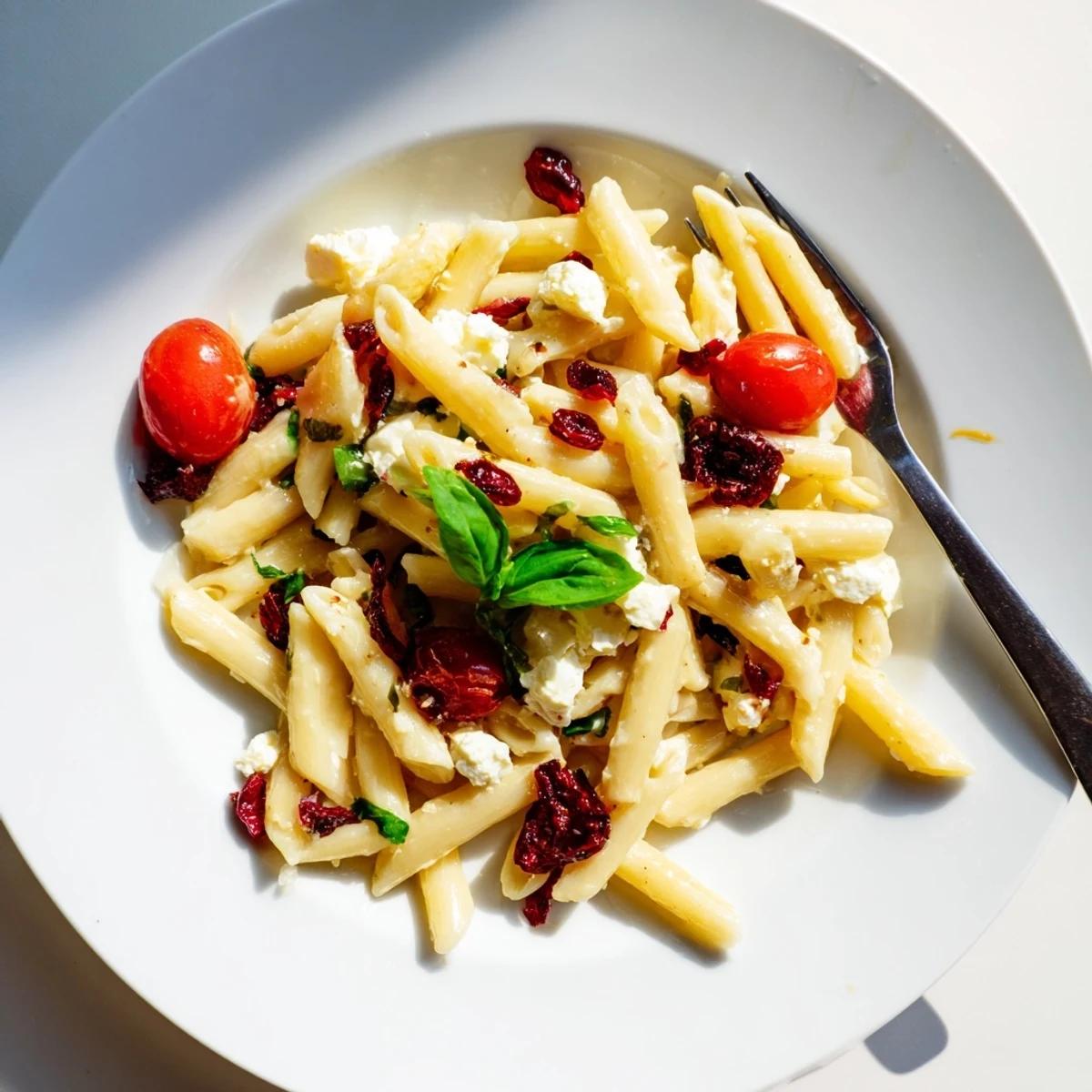 Creamy baked feta pasta, vibrant with cranberries and tomatoes, drizzled with honey.
