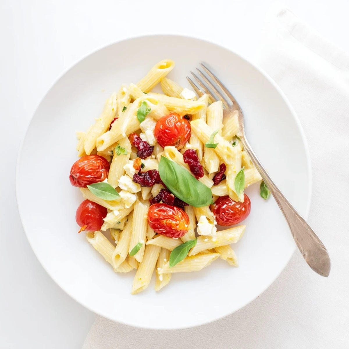 A warm bowl of baked feta pasta, mixing sweet cranberries and savory Mediterranean flavors.