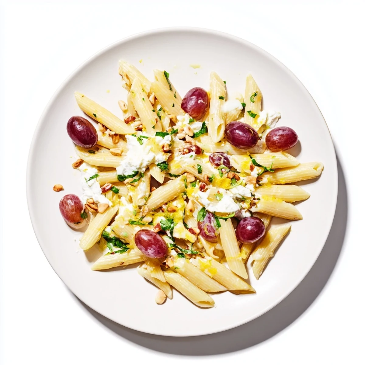 A close-up of pasta with roasted grapes, creamy ricotta, and fresh basil, ready to eat.