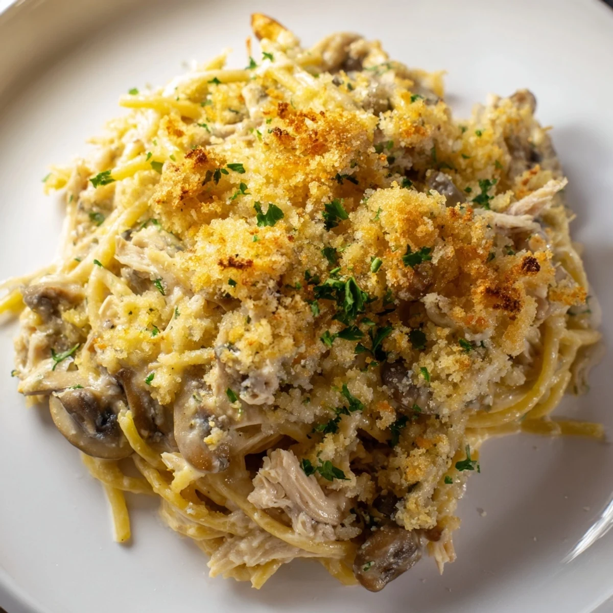 Creamy Turkey Tetrazzini with golden crust, tender pasta and turkey, a comforting holiday casserole.