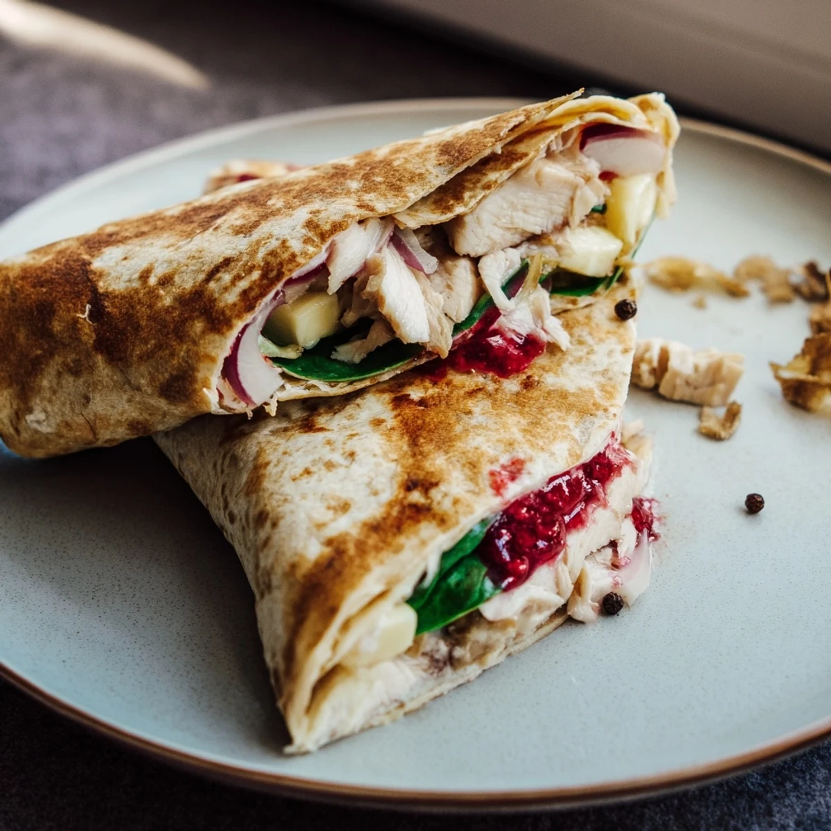 Golden brown Chicken and Brie Holiday Wrap, oozing with brie and cranberry sauce, ready to eat.