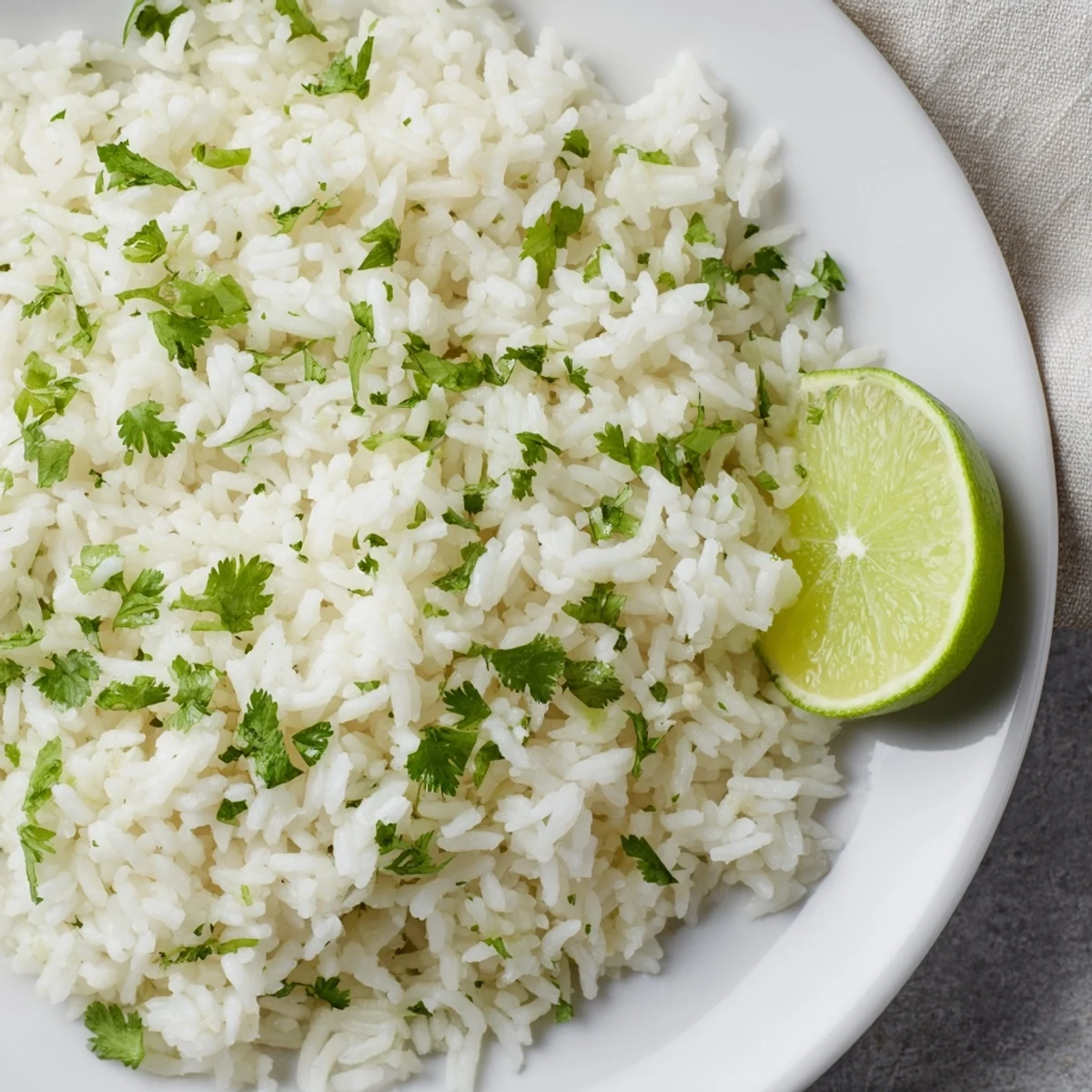 A close-up of fluffy Cilantro Lime Rice, ready to serve alongside your favorite tacos tonight.
