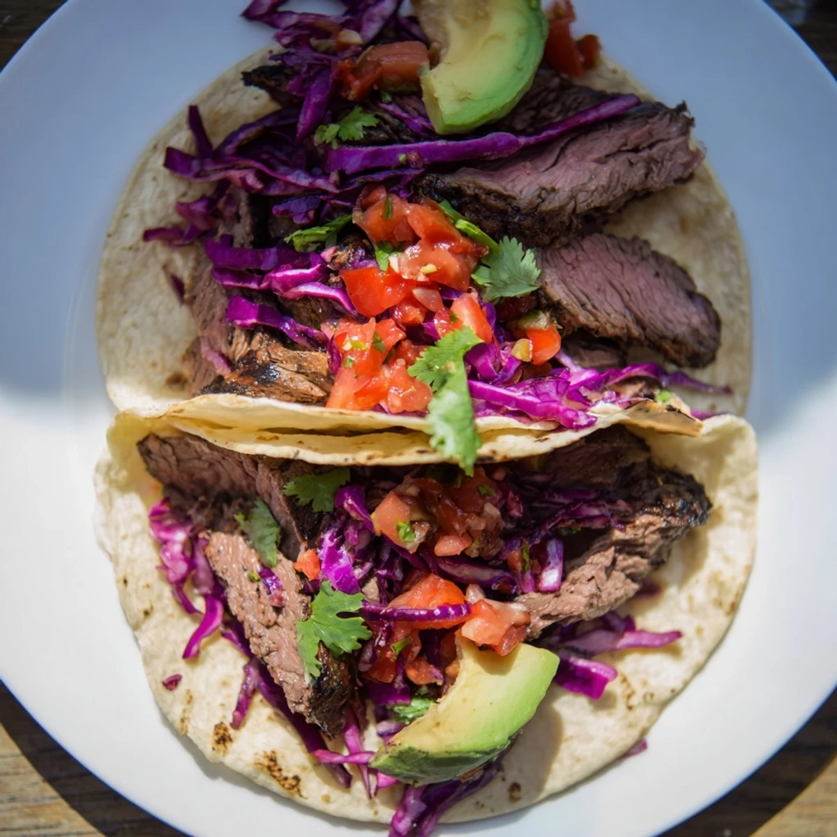 Juicy sliced coffee-rubbed steak tacos, showcasing vibrant fresh toppings and a squeeze of lime before serving.