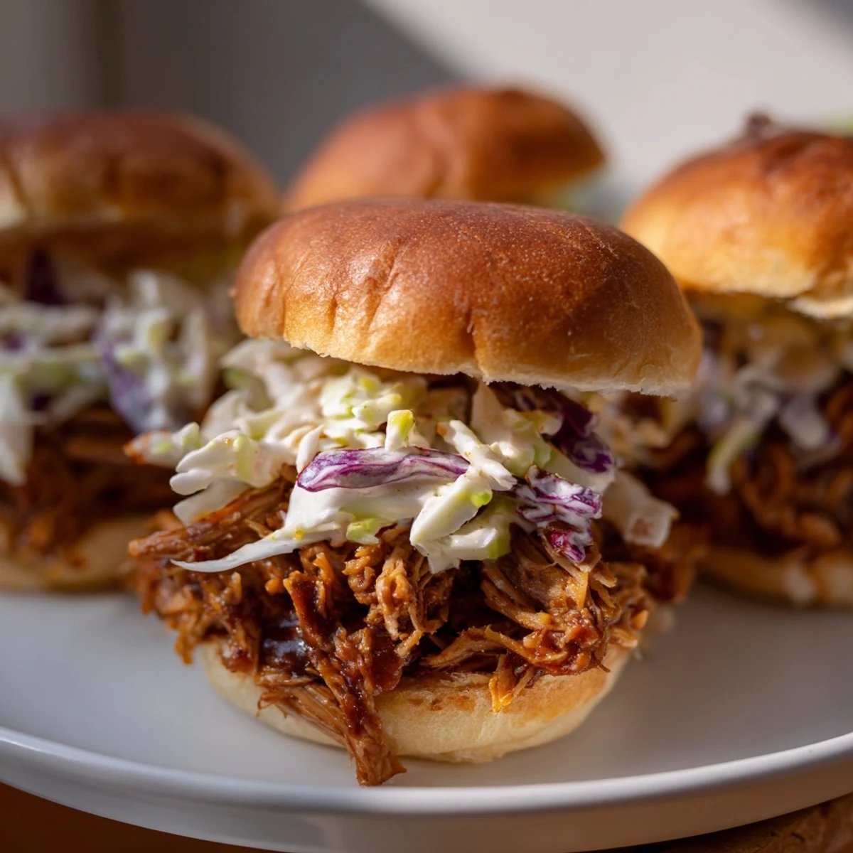 A close-up of smoky BBQ jackfruit sliders, the vegan pulled pork perfect for a tasty lunch.