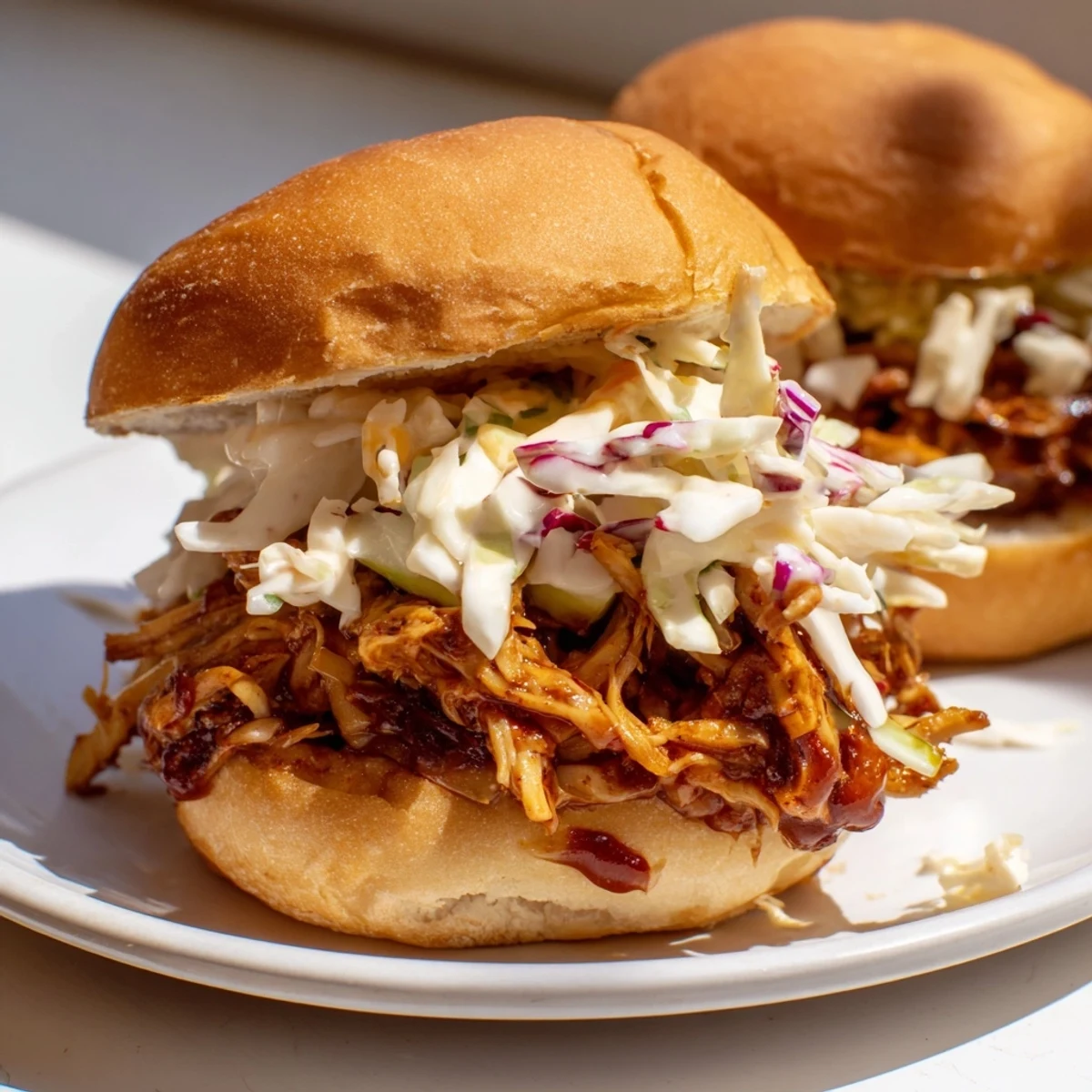 Tender BBQ jackfruit sliders piled on toasted buns, ready to enjoy with creamy coleslaw.