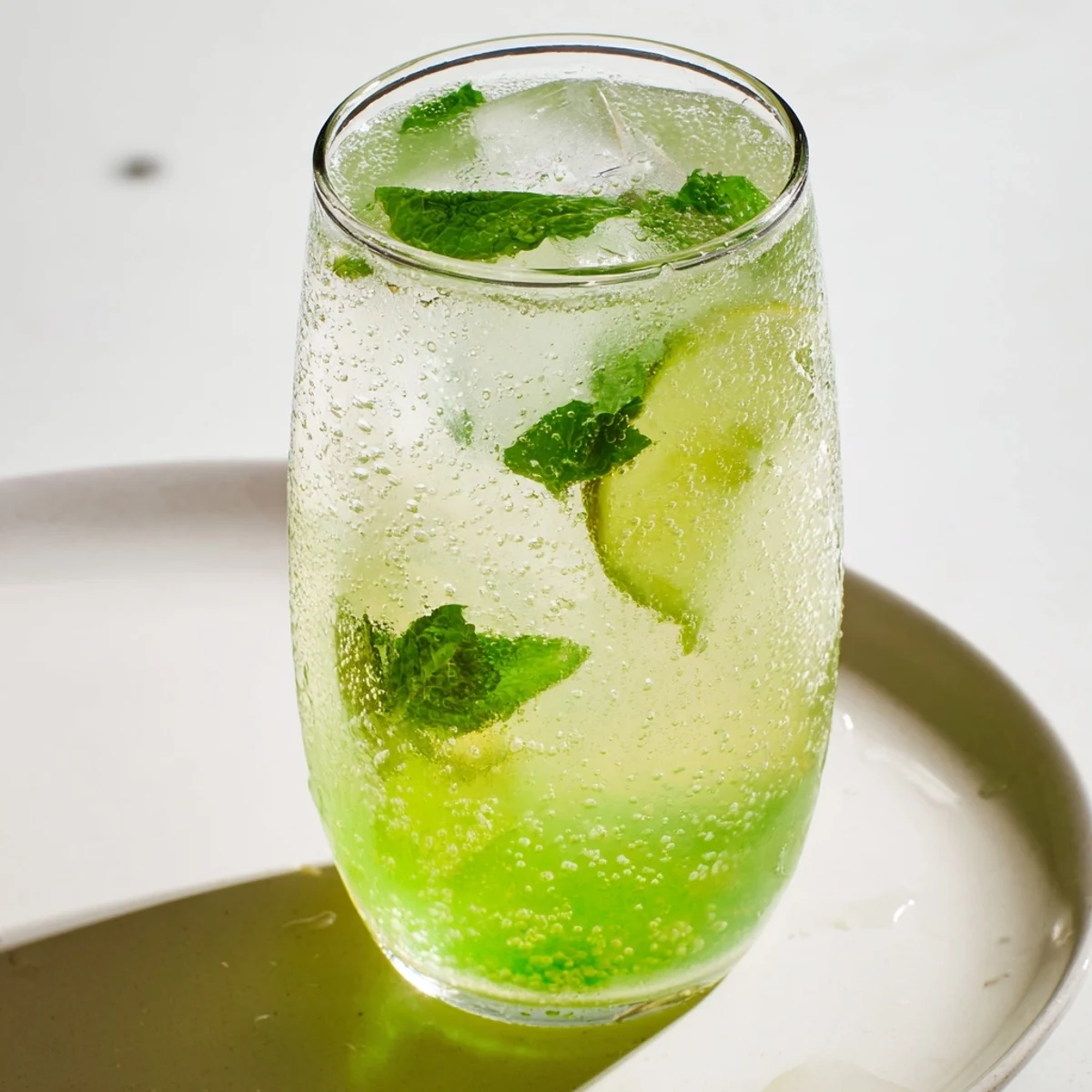 Refreshing Mint Lime Agua Fresca, showcasing bright green drink, chilled in a clear glass, garnished with lime.